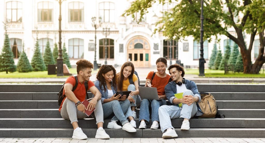 Diverse group of students collaborating on campus